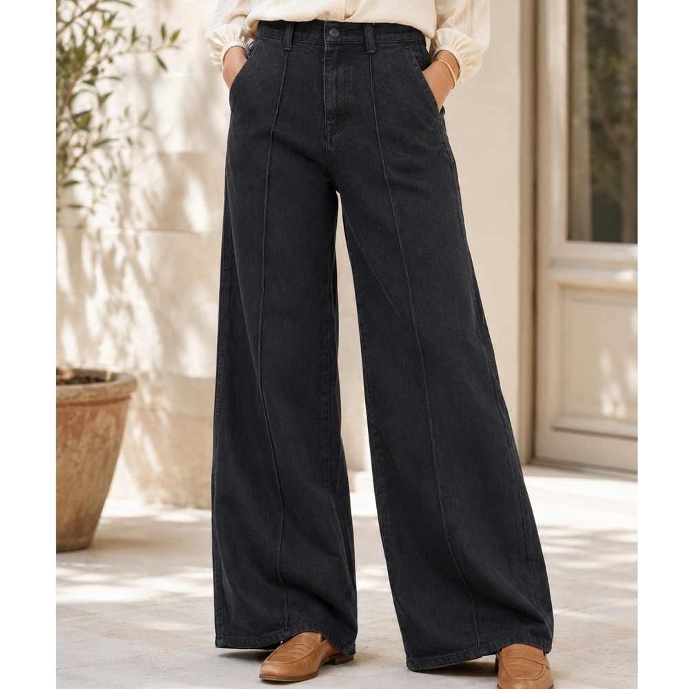 Madewell Superwide-Leg Jeans Washed Black Pintuck High Rise‎ Denim Pants 25 Fall